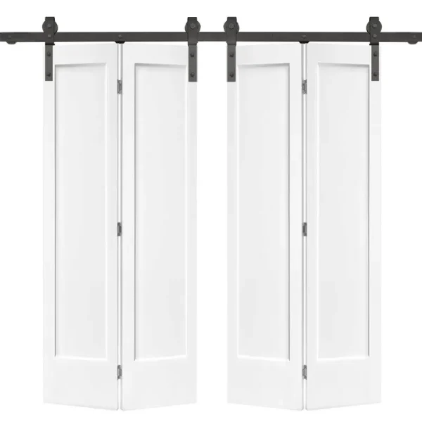 CALHOME 48 in. x 80 in. 1 Panel Shaker Primed MDF Composite Double Bi-Fold Barn Door with Sliding Hardware Kit, Primed White