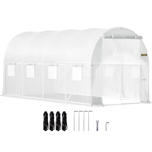 VEVOR Walk-In Tunnel Greenhouse 7 ft. W x 15 ft. D x 7 ft. H Portable Plant Greenhouse with 1 Top Beam, Diagonal Poles, White
