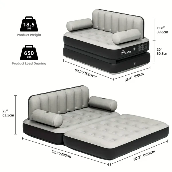 Inflatable Air Sofa Bed 2 - in - 1 Backrest Couch Airbed with Headboard and Pump Convertible Blow up Bed Mattress for Home, Camping, and Guests, Living Room Furniture, Queen Size