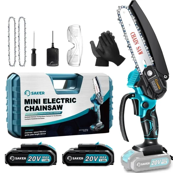 Saker 6 in Mini Chainsaw, Handheld Pruning Chainsaw, Electric Cordless Chainsaw for Tree Branches, Courtyard, Household & Garden, with 2PCS 20V 1500mah Batteries & 3 PCS Chains