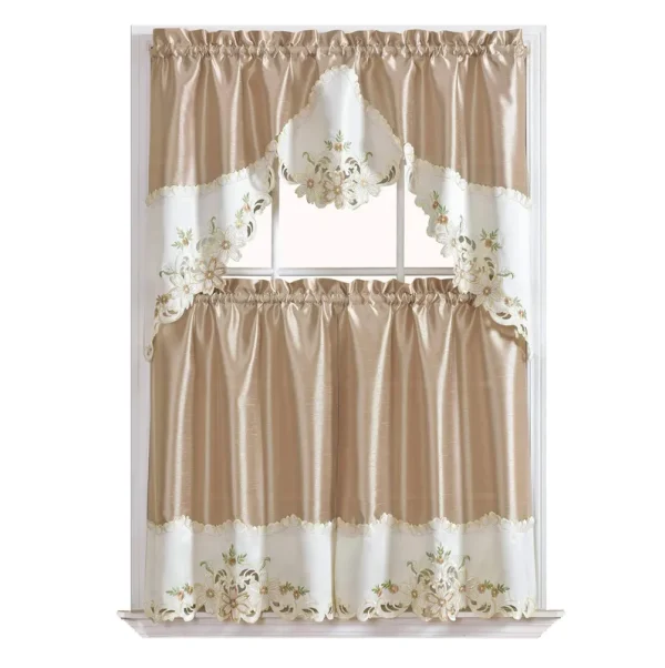 GOHD Arch Floral Kitchen Curtain Set/Swag Valance & Tier Set. Nice Matching Color Floral Embroidery on Border with Cutworks (Beige)
