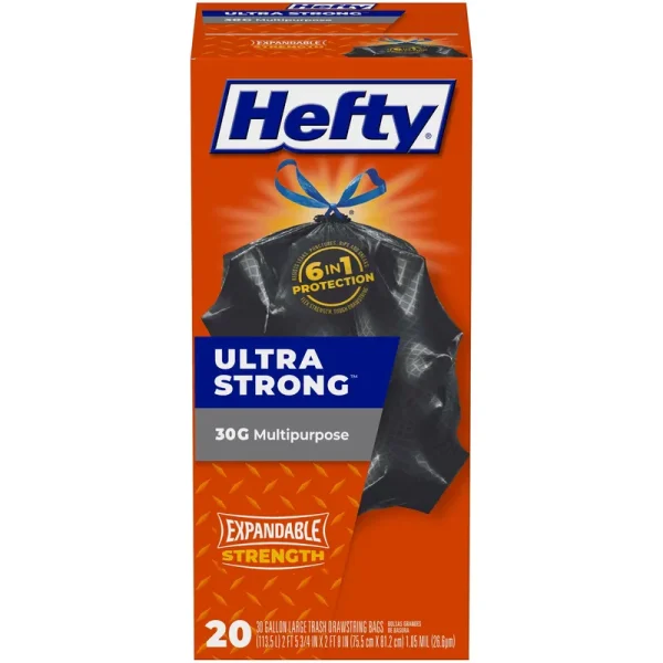 Hefty Ultra Strong Trash Bags, Drawstring, Multipurpose, 30 Gallon, Large - 20 bags