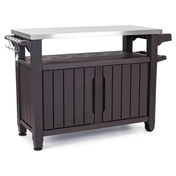 Keter Unity XL Outdoor Kitchen Bar Rolling Cart with Storage Cabinet, Brown