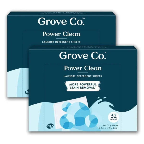 Grove Co. Laundry Detergent Sheets, Power Clean Dissolving Washer Sheets (2 Pack - 64 Loads) Tough Stain Remover, Unscented Free & Clear Formula
