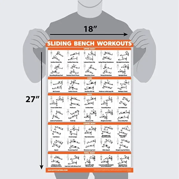QuickFit Sliding Bench Workout Poster - Compatible with Total Gym, Weider Ultimate Body Works - Incline Bench Exercise Chart Laminated 18" x 27"