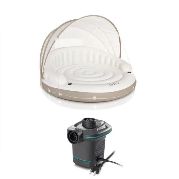 Intex Inflatable Canopy Island Float Lounge + AC Electric Air Pump w/ 3 Nozzles, White