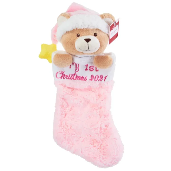 Holiday Time My First Christmas 2021 Baby Pink Stocking Plush Bear