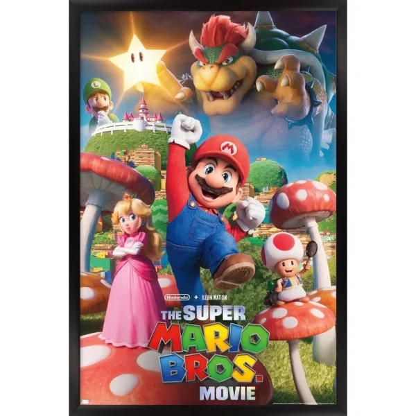 The Super Mario Bros. Movie - Mushroom Kingdom Key Art Wall Poster, 22.375 inch x 34 inch Framed, FR23614BLK22X34EC