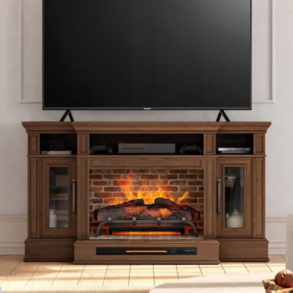 Allen + Roth 66-in W Brown Walnut Infrared Quartz Electric Fireplace | 2403FM-30-351