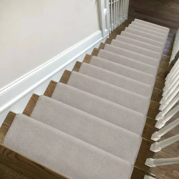 Plush Cream Gray 9.5 in. x 30 in. x 1.2 in. Bullnose Indoor Stair Tread Cover Tape Free Non-Slip Carpet Set of 14