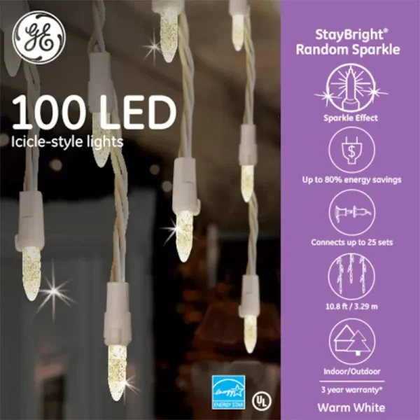 GE Staybright 100-Count Sparkling White Icicle LED Plug-In Christmas Icicle Light