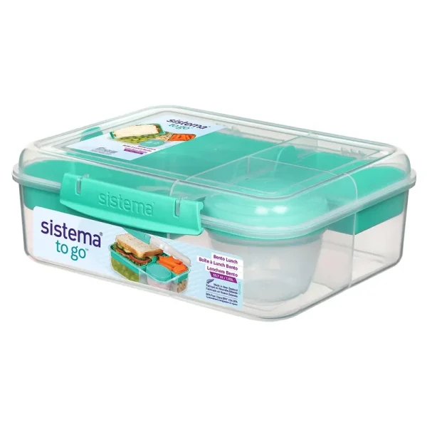 Sistema to Go, 1.65l/6.9 Cups, 1 Pack, Plastic Rectangular Bento Lunch with Yogurt Pot, Teal