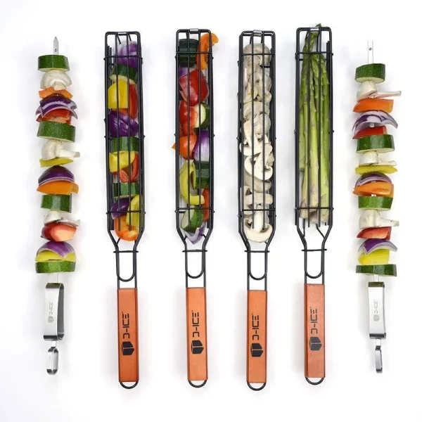 D-ICE Kebab Grilling Basket & Grilling Skewers Stainless Steel - Kabob Grilling Baskets Set of 4 & 2 Metal BBQ Skewers. Kabob Basket for Veggies
