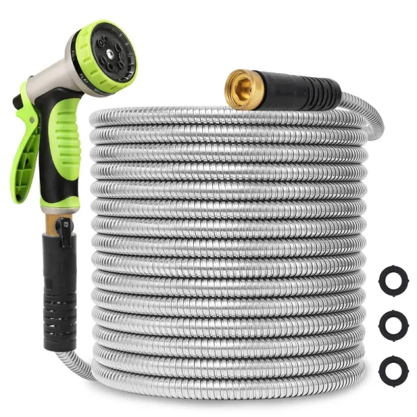 Svansea Metal Garden Hose 25ft Stainless Steel Hose Heavy Duty Flexible Water Hose with 10 Way Spray Nozzle 3/4 Solid Brass Fittings-Outdoor Yard