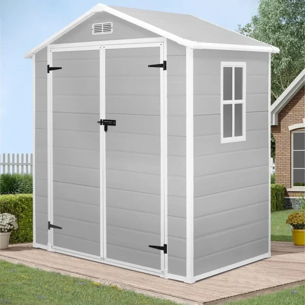 Enyopro 6 x 4.4FT Outdoor Storage Shed, All - Weather Plastic Resin Utility Tool Large Shed with Dual Lockable Doors for Patio Backyard Lawn, Gray