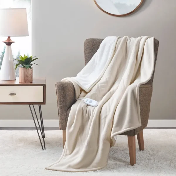 Serta Fleece to Sherpa Heated Throw - Tan
