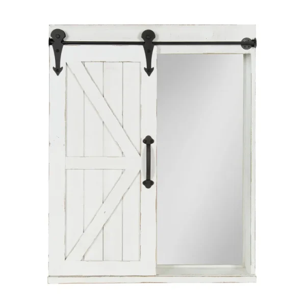 Kate and Laurel Cates Wood Wall Storage Cabinet with Vanity Mirror and Sliding Barn Door Rustic White