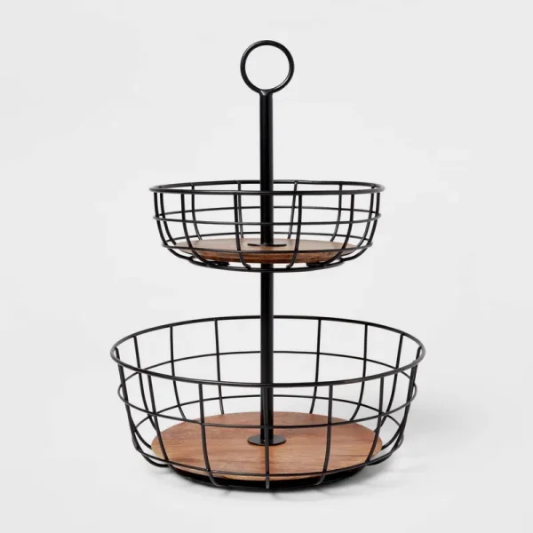Threshold Iron and Mangowood Wire 2-Tier Black Fruit Basket | Target