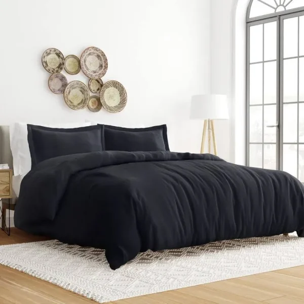 Solid 3 Piece Duvet Cover Sets, 19 Colors - Ultra Soft, Easy Care, Wrinkle Free - Becky Cameron / Black, Full/Queen