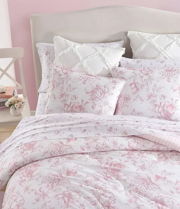 Laura Ashley Delphine Pink Cotton Comforter Reversible Set - Twin XL - 2 Piece
