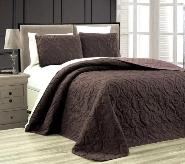 Grand Linen 3-Piece Tropical Coast Seashell Beach King Oversize Oversize Bedspread Chocolate Brown/Taupe Reversible Coverlet Embossed Bed Cover Set.