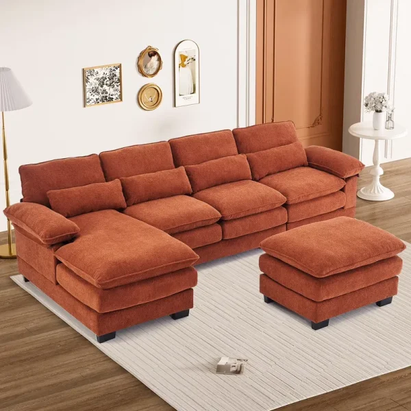 Rophefx 114.3" U Shaped Sectional Couches for Living Room, Cloud Couch, 4 Seats Chenille Couch with Double Layer Cushion, Orange