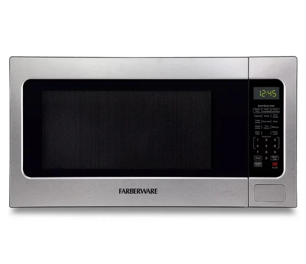 Farberware Countertop Microwave Ov 1100 Watts, 2.2 cu ft - Smart Sensor with LED Lighting and Child Lock - Perfect for Apartments and Dorms - Easy Clean Black Interior, Stainless Steel