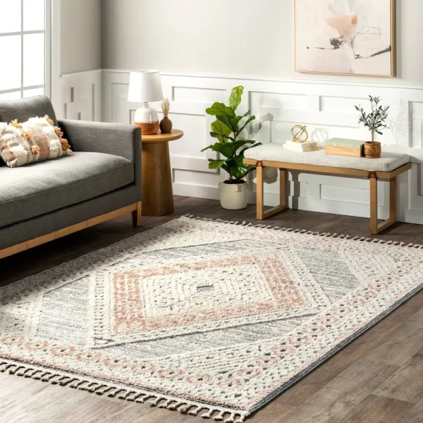 nuLOOM Acacia Raised Diamond Tasseled Area Rug 5' x 8' in Beige
