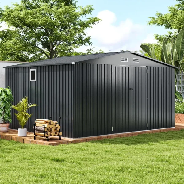 12 x 9.8 FT All-Weather Outdoor Storage Shed, Rustproof Galvanized Metal Utility Tool Shed w/Lockable Door, Pitched Roof, Windows