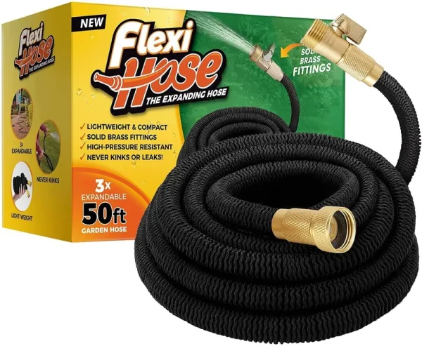 Flexi Hose Upgraded Expandable 50 ft Garden Hose, Extra Strength, 3/4" Solid Brass Fittings, Black