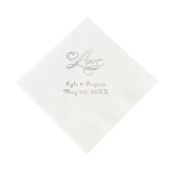 50 PC 5" White ��Love�� Personalized Napkins with Silver Foil - Beverage