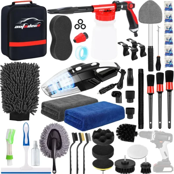 AUTODECO 40pcs Car Wash Detailing Kit Cleaning Kits with Foam Gun Sprayer High Power Handheld Vacuum Drill Brush Large Wash Mitt Towels Complete