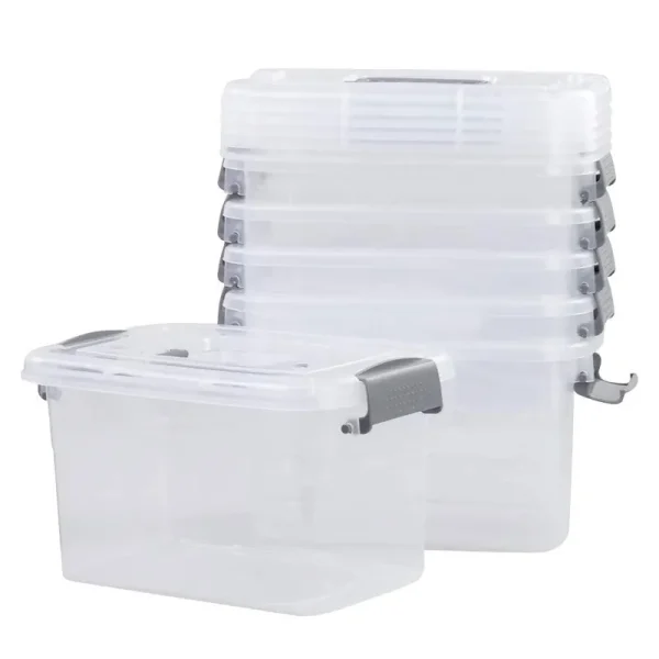 Minekkyes 6-Pack Home Storage Bins, Plastic Container, Latching Box with Handle (Grey Handle)