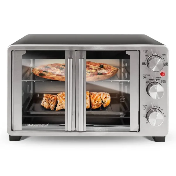 Elite Gourmet ETO2530M New Double French Door Toaster Oven Fits 12 inch Pizza, Stainless Steel