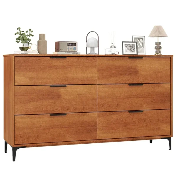 Mid-Century Modern 6-Drawer Dresser, Wooden Chest of Drawers with Anti-Tip Interlock System & Metal Legs for Bedroom, Living Room & Hallway