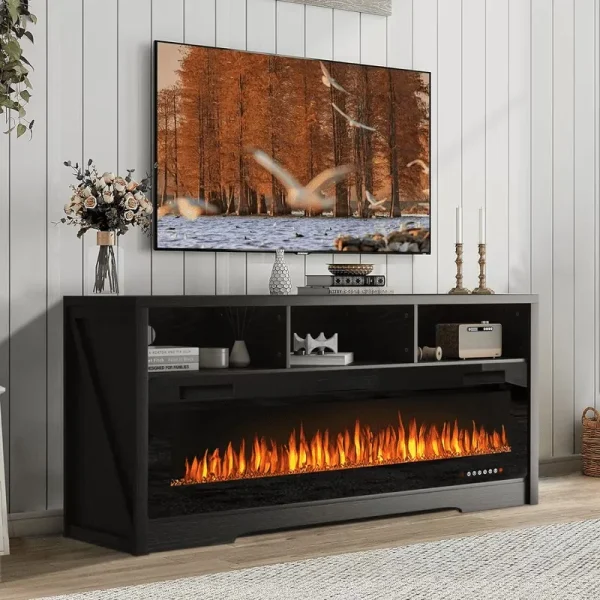 Waleaf Fireplace TV Stand for Tvs up to 75" TV with 60" Electric Fireplace, Entertainment Center with Open Shelve Storage