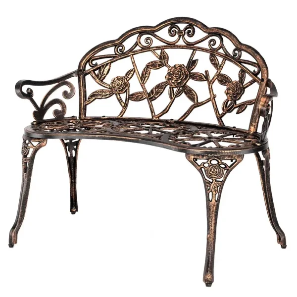 Zimtown Courtyard Park Outdoor Patio Bench Leisure Rosé Cast Aluminum Chair, Metal Loveseat Bench for Garden Patio, Porch, Deck, Bronze