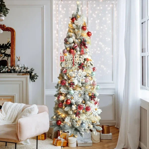 VEIKOUS Pre-Lit Artificial Christmas Tree Pencil Snow with Foldable Iron Stand with LED Lights, 5.5/6.5/7.5 ft - 5.5 Foot - White