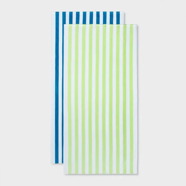 2pk Striped Beach Towels Blue/Green - Sun Squad