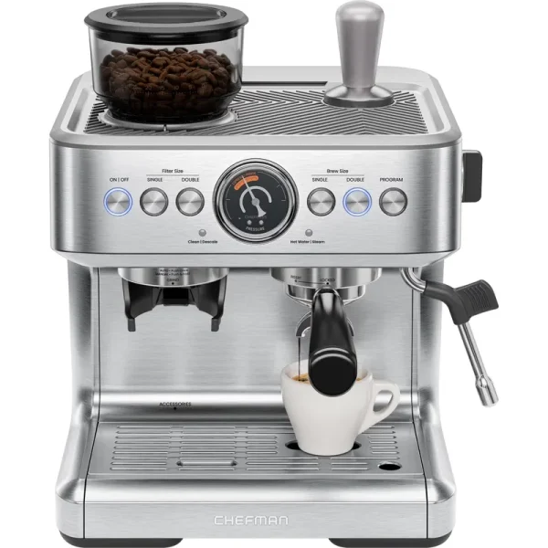 Chefman Crema Supreme Espresso Machine with Conical Burussian River Grinder and Steam Wand A?? Stainless Steel, New