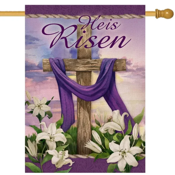 Dyrenson He Is Risen Easter Wooden Cross Lily Flower Decorative Garden Flag, Faith Hope Religious House Yard Outside Decorations, Spring Purple