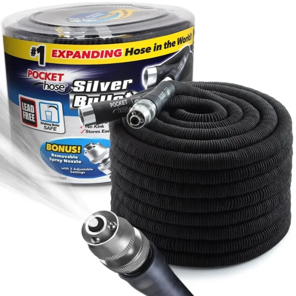 Pocket Hose Silver Bullet 100 ft Turbo Shot Nozzle Multiple Spray Patterns Expandable Garden Hose 3/4 in Solid Aluminum Fittings Lead-Free