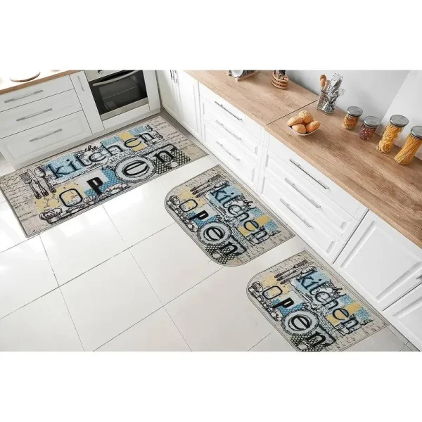 Kashi Home Open Kitchen 3PC Kitchen Rug Set, (2) Slice 18 inchx30 inch Rugs, (1) 20 inchx40 inch Mat, Non-slid Latex Back, Size: 3 PC Set