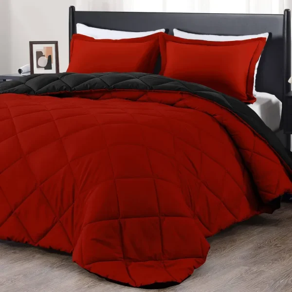 downluxe Lightweight Solid Comforter Set (Queen) with 2 Pillow Shams - 3-Piece Set - Red and Black - Down Alternative Reversible