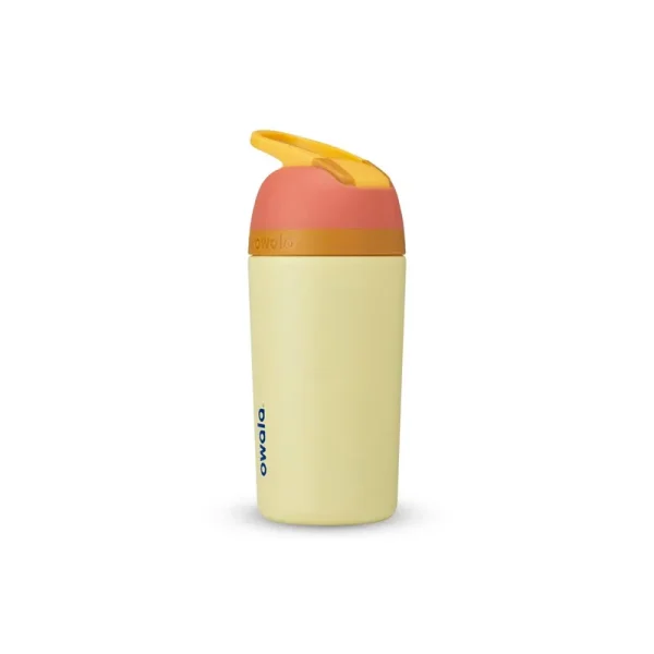Owala Kids Flip Insulated Stainless-Steel Water Bottle with Straw and Locking Lid, 14-ounce, Orange/Yellow (Misty Horizon)