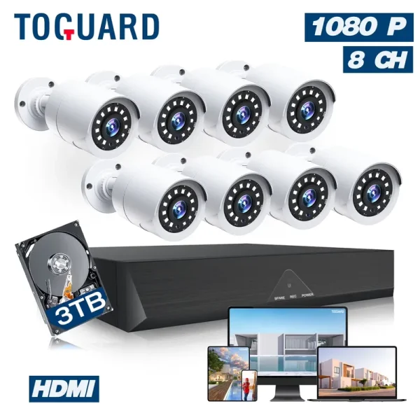 Toguard SC35 8CH CCTV Security Camera System Outdoor with 3TB Hard Drive 8pcs Wired 1080P Bullet Surveillance Cameras HDMI Connector