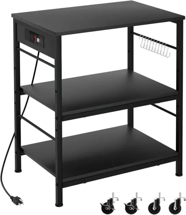 Bakers Rack with Power Outlet Microwave Shelf Stand Black Coffee Bar Table Cart 3 Tier Kitchen Carts on Wheels with Storage and 10 S - Shaped Hooks for Living Room Dining Room Office
