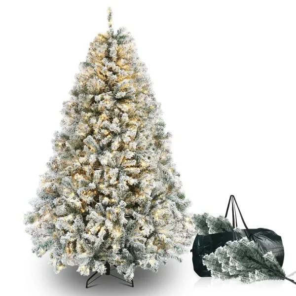 okicoler 6.5ft Pre-Lit Snow Flocked Artificial Holiday Christmas Pine Tree with Eld Lights and Metal Base Stand for Home, Office, Party Decoration