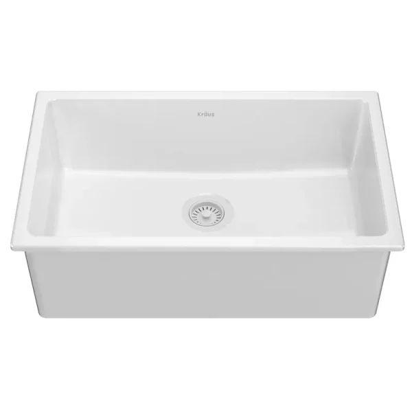 Kraus KFD1-30GWH Turino 30 inch Drop-In Undermount Fireclay Single Bowl Kitchen Sink with Thick Mounting Deck in White