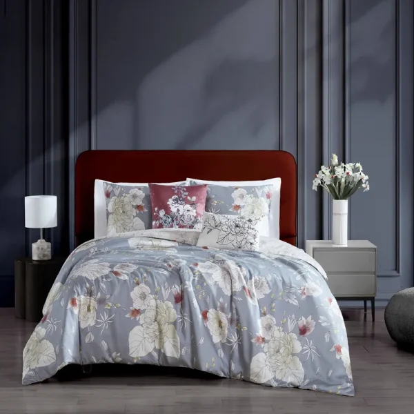 Bebejan Smoky Blue Garden 100% Cotton 5-Piece Reversible Comforter Set - Queen